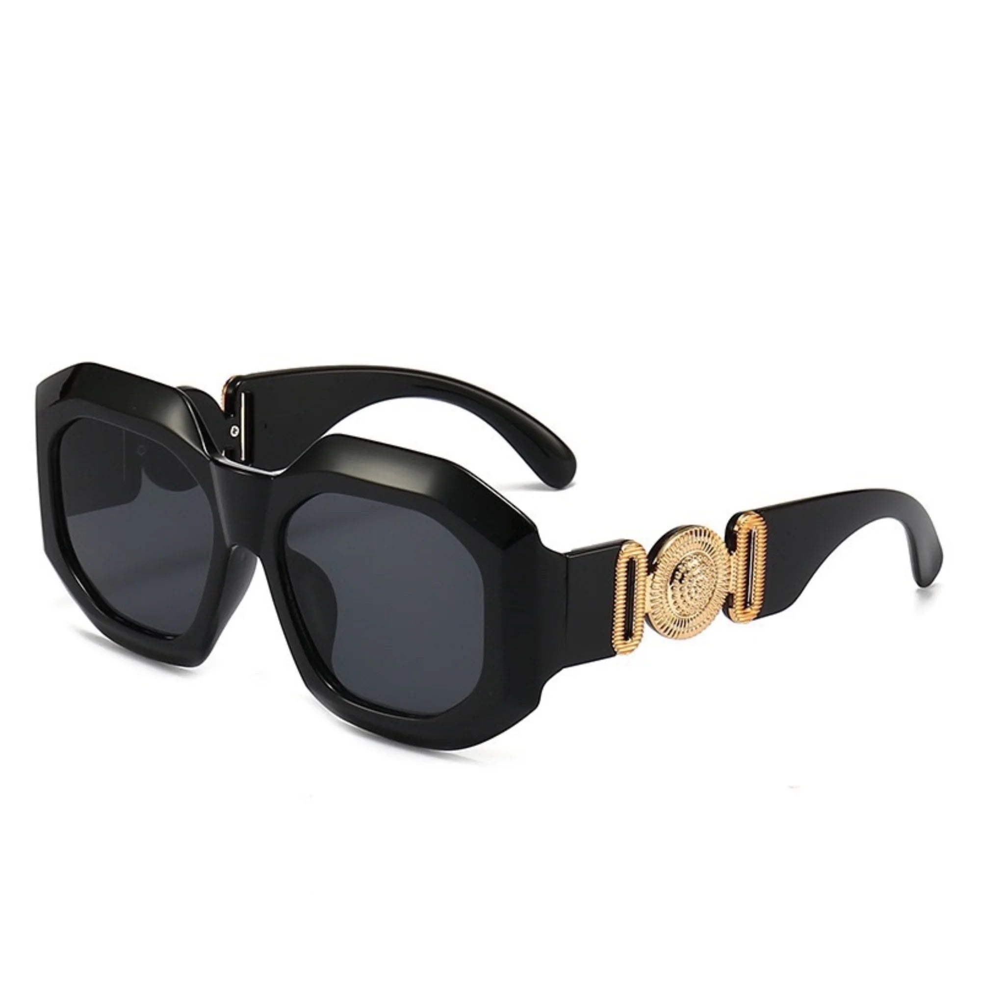Schwarze Sonnenbrille mit dunklen Gläsern und goldener Struktur – kantiger Blockrahmen