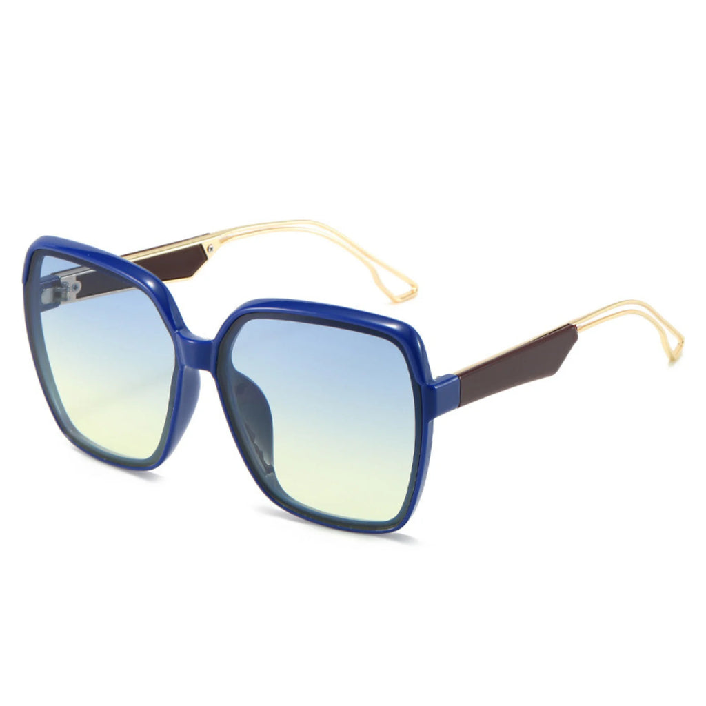 Sonnenbrille mit blau-gelbem Verlauf und kantiger Fassung