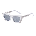 Silberne Sonnenbrille mit Musterlinsen und weissglänzendem Rahmen – Gliederbügel, ohne Schriftzug