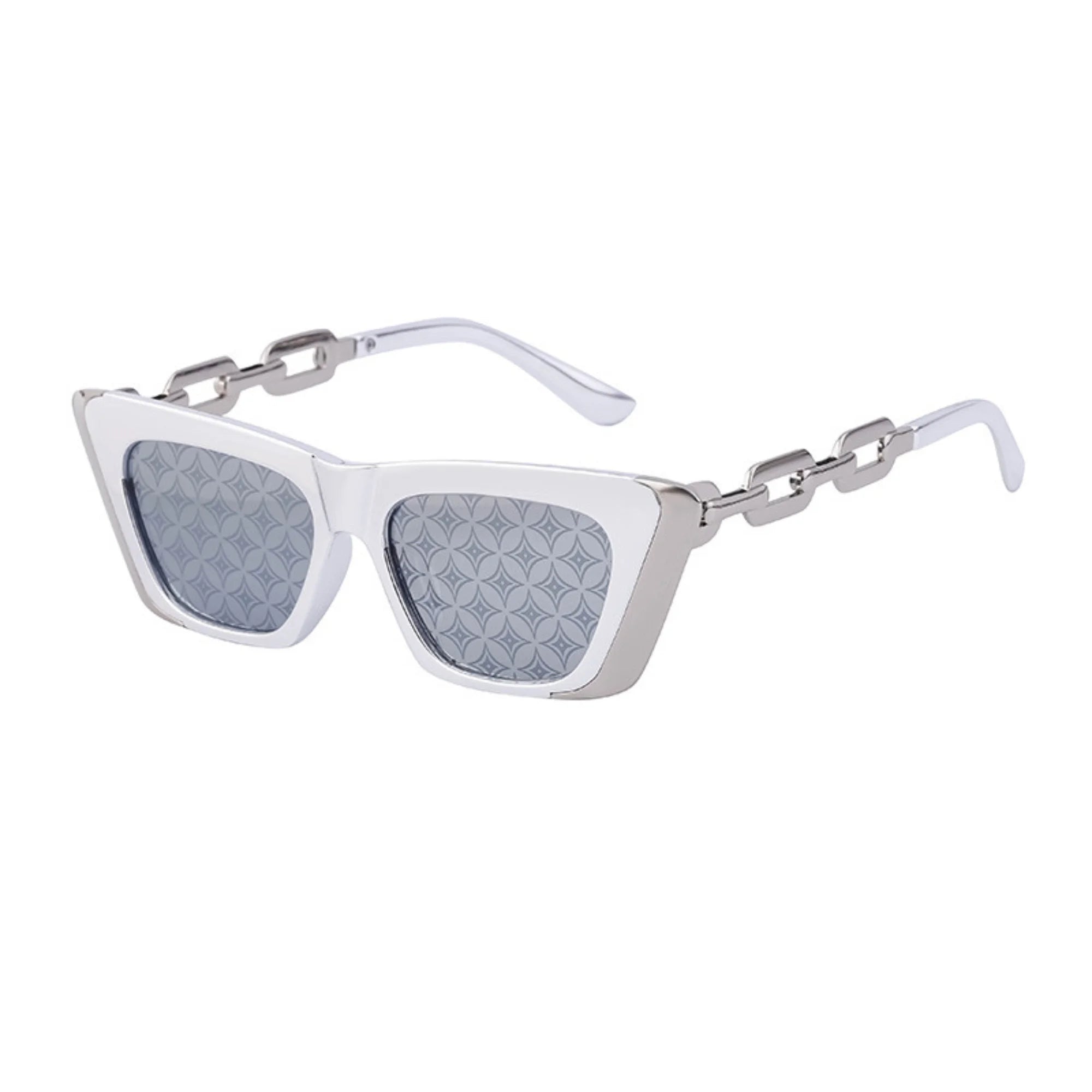 Silberne Sonnenbrille mit Musterlinsen und weissglänzendem Rahmen – Gliederbügel, ohne Schriftzug