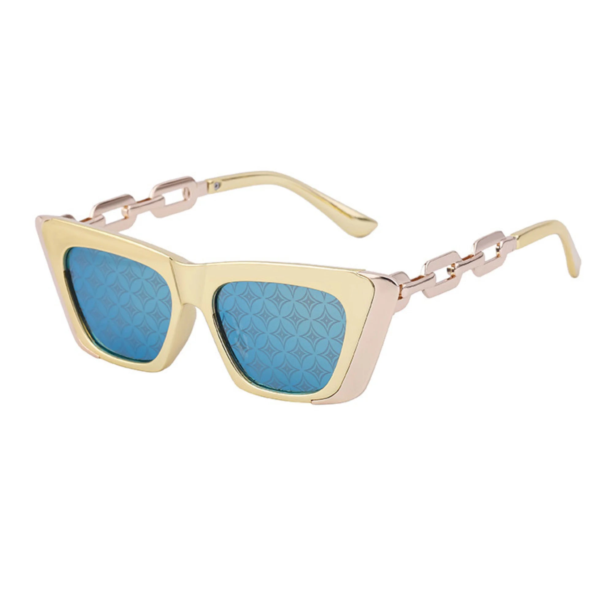 Goldene Blockbrille mit hellblau verspiegelten Gläsern und geprägter Struktur – gliedergeführt, markenfrei
