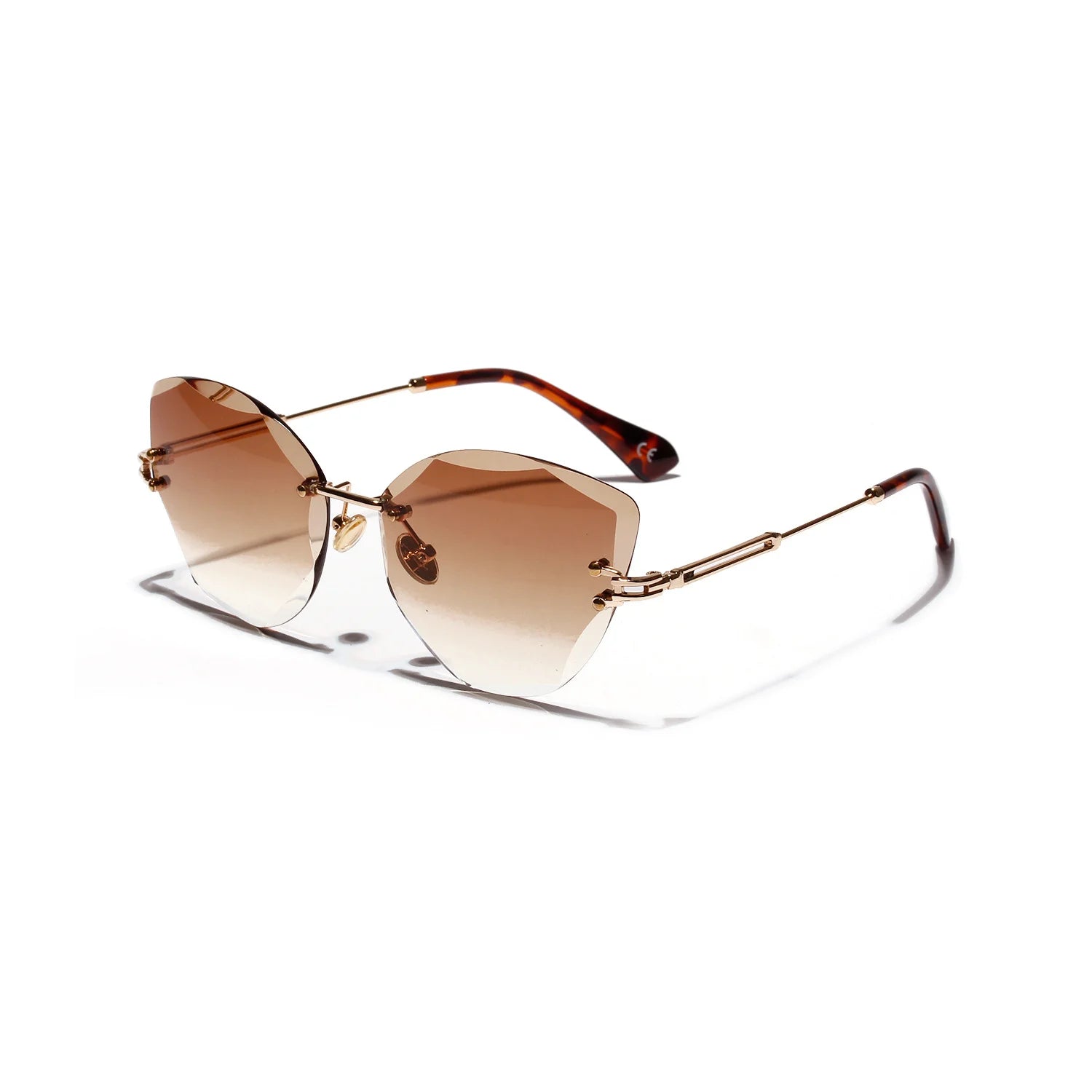 Randlose Sonnenbrille mit braunem Verlaufsglas – goldene Bügel, kantiger Schliff, keine Gravur