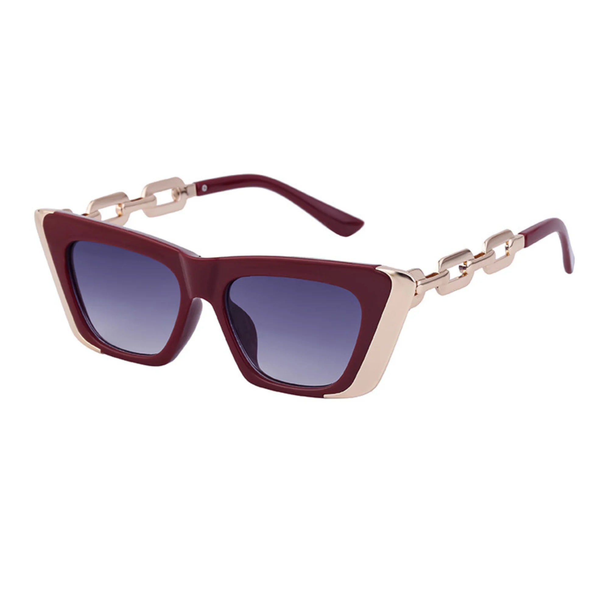 Sonnenbrille mit bordeauxfarbenem Rahmen, goldener Kante und Verlaufsglas – keine Marke, nur Funktion
