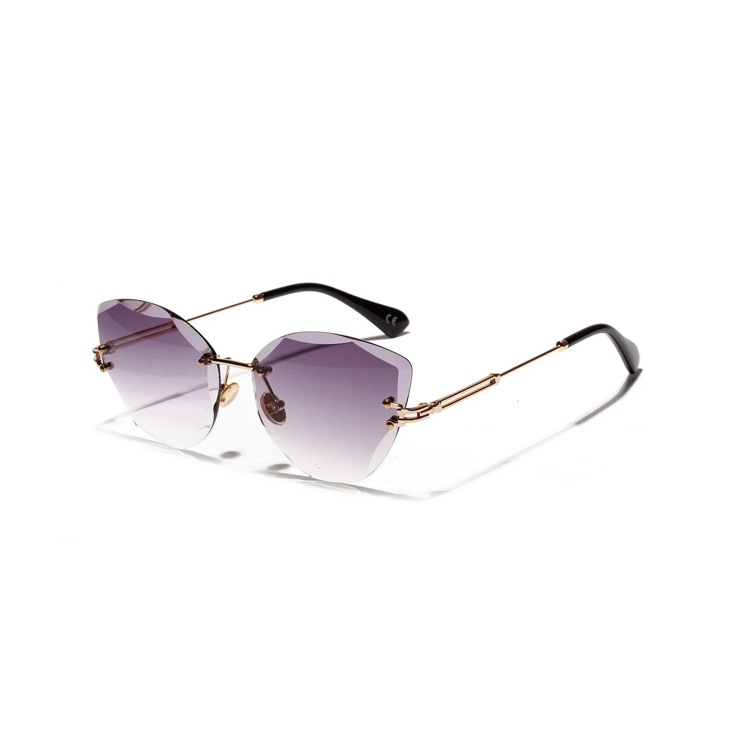 Randlose Sonnenbrille mit violettgrauem Verlauf – goldene Bügel, klar gefasst, logofrei