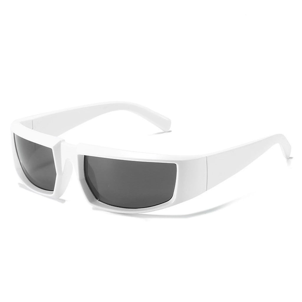 Rechteckige Sonnenbrille in Weiss mit schwarzer Linse – flächig, ohne Symbolik