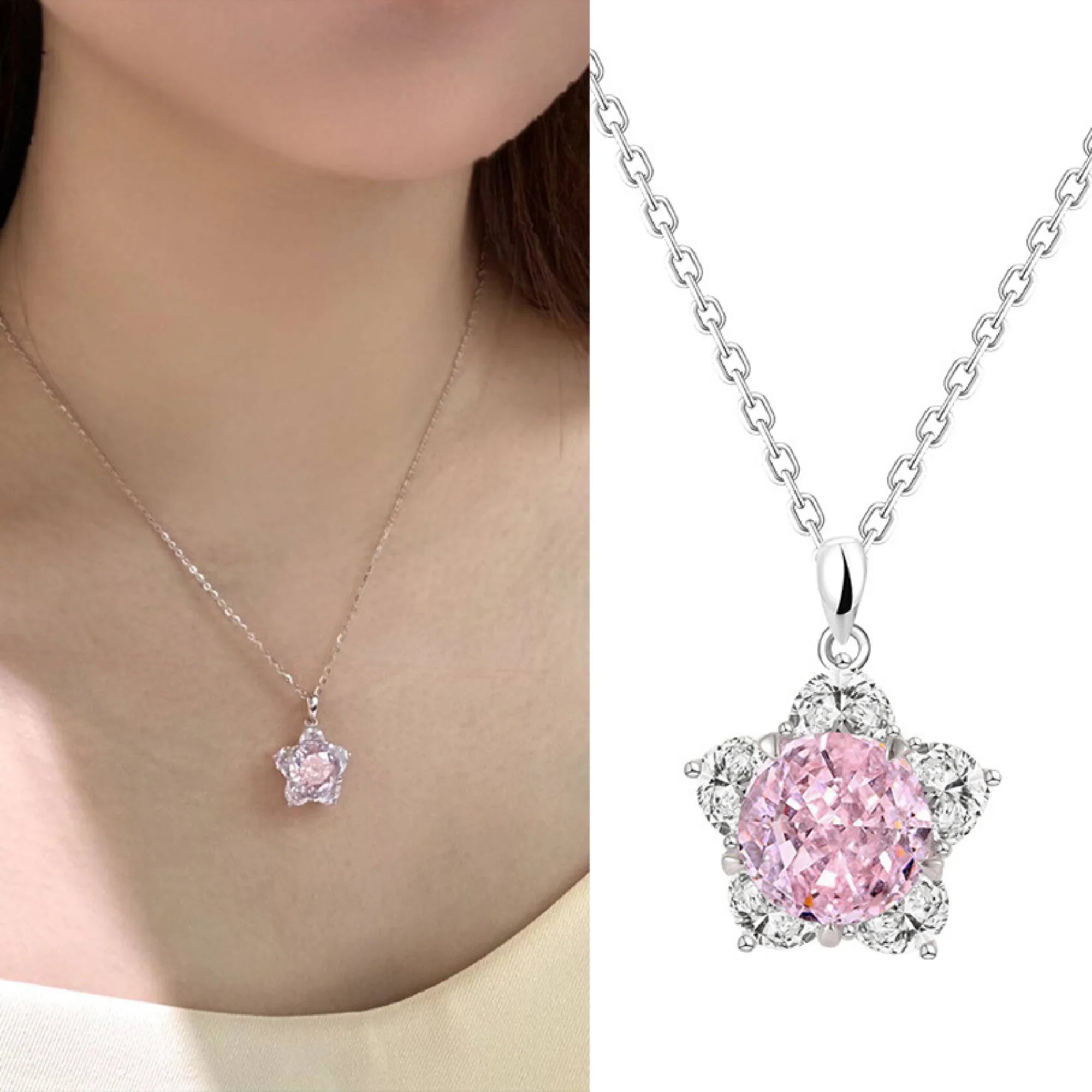 Getragene Silberkette mit rosa Zirkonia-Stern – feminin, symbolisch und hochwertig verarbeitet