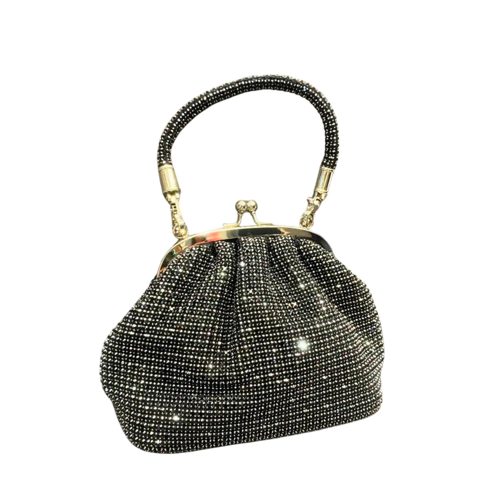 Schwarze Strass-Schultertasche mit kurzem Henkel – Vintage-Design mit goldfarbener Fassung