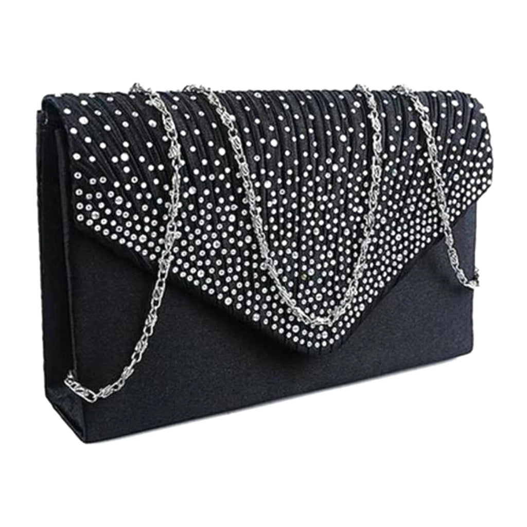 Schwarze Envelope-Clutch mit Strassbesatz und silberfarbener Kette – stilvoll für Abend und Event