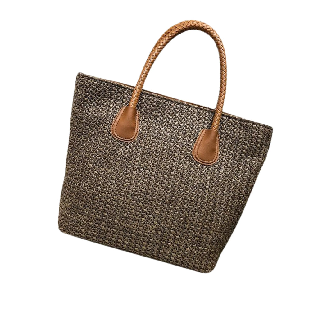 Handgewebte Stroh-Tasche in dunklem Braunton „Deep Coffee“ mit braunen Griffen, strukturierte Optik