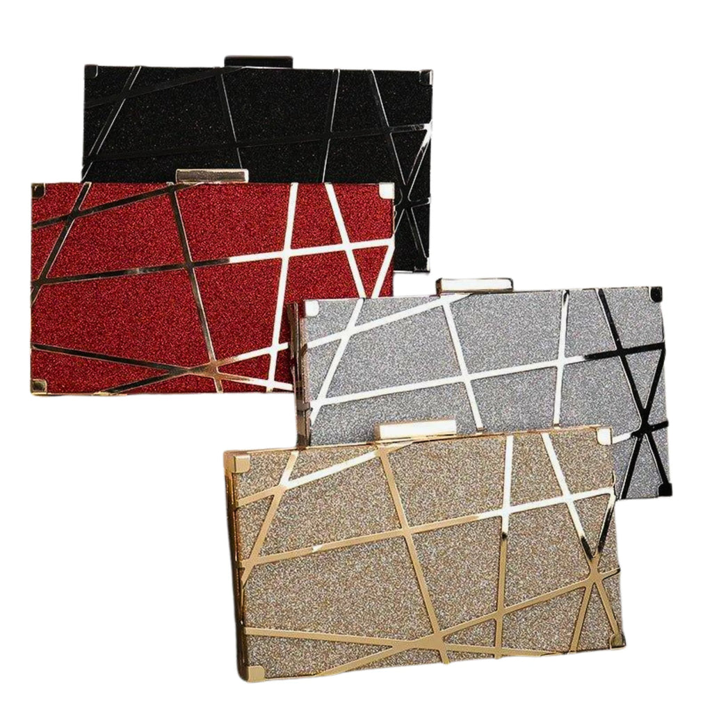 Vier Farben im Vergleich: Schwarz, Rot, Silber, Gold – alle mit geometrischem Metallrahmen