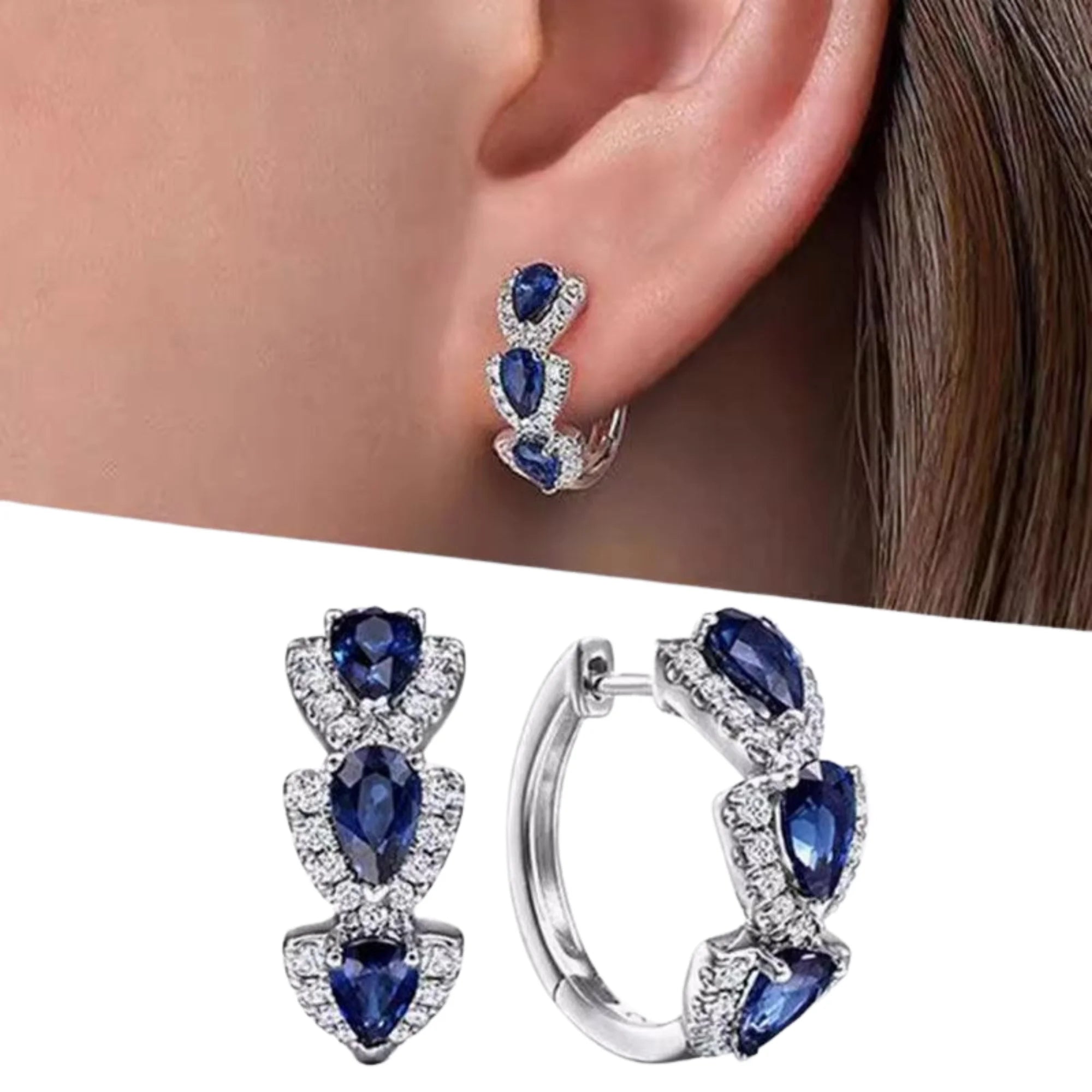 Creolen mit blauem Zirkonia in dreifacher Tropfenform – Ohransicht und Detailansicht