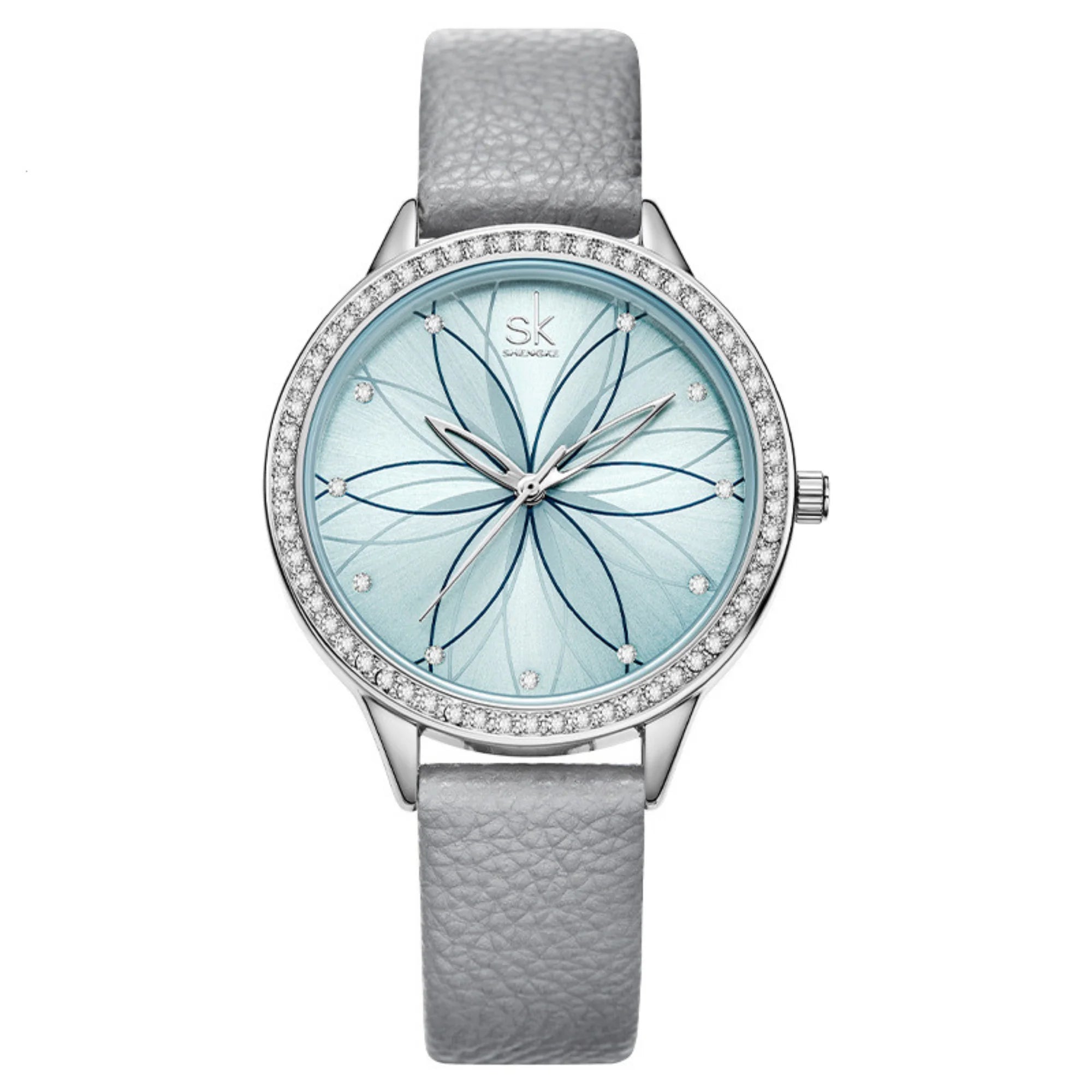 Runde Uhr in Hellblau und Silber mit Glitzerrahmen und floralem Ziffernblatt