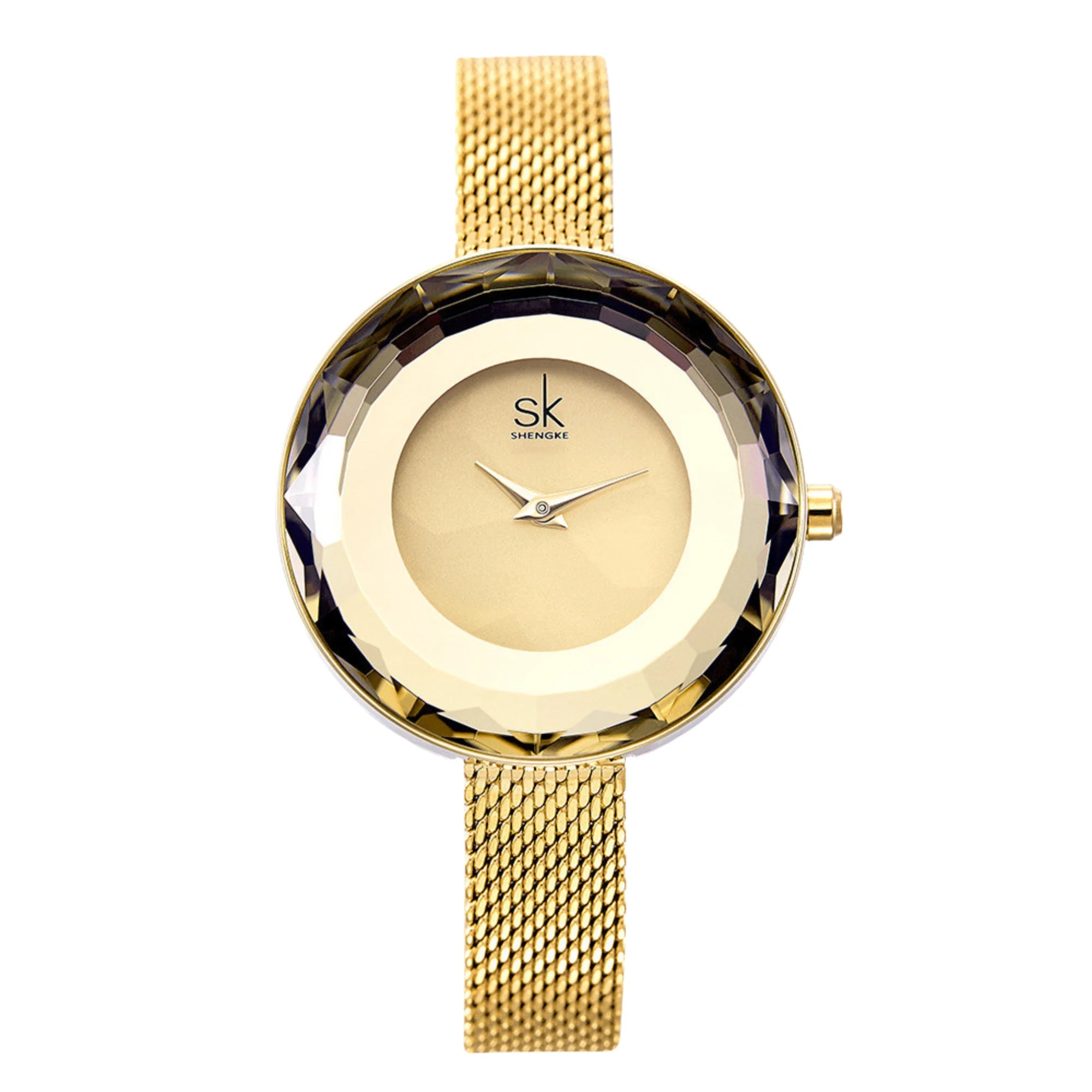 Runde Uhr mit goldfarbenem Meshband und facettiertem Gehäuse