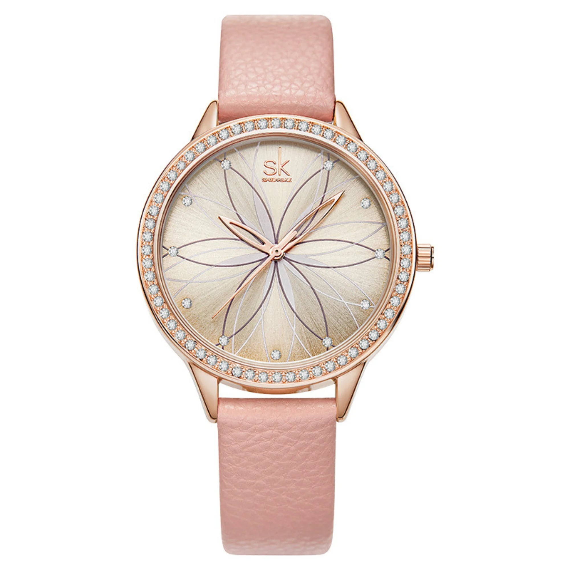 Roségoldene Uhr mit beigem Band und floraler Zifferblattstruktur