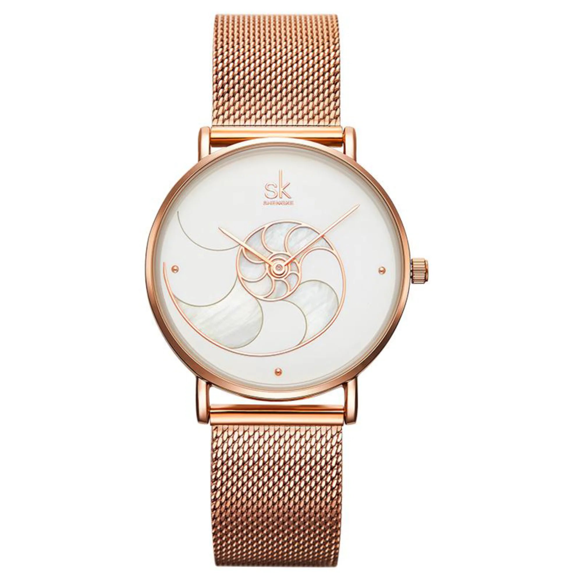 Uhr mit roségoldenem Mesh-Armband und Zifferblatt mit geometrischer Spiralstruktur
