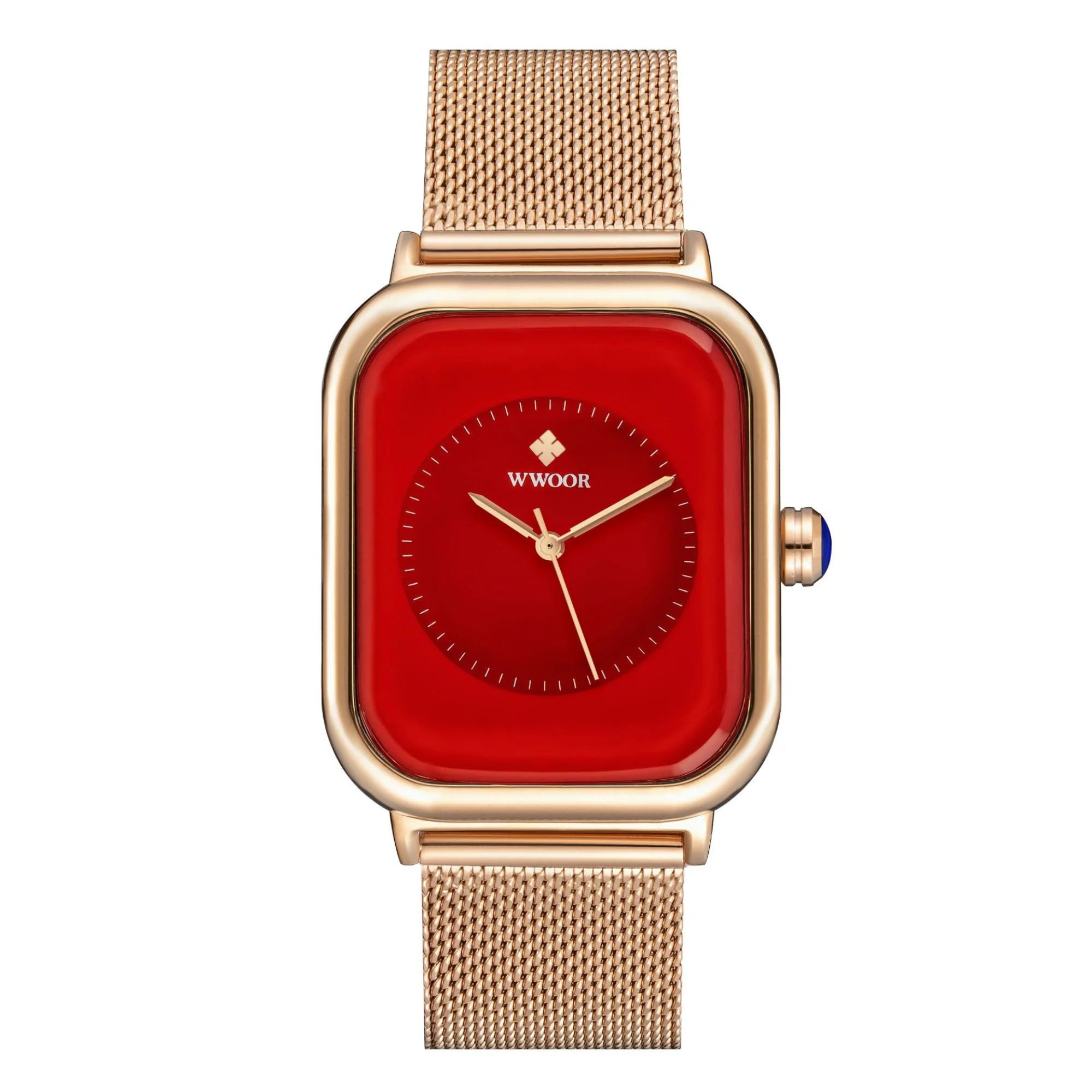 Glänzende Uhr in Roségold mit rotem Zifferblatt und Mesharmband.