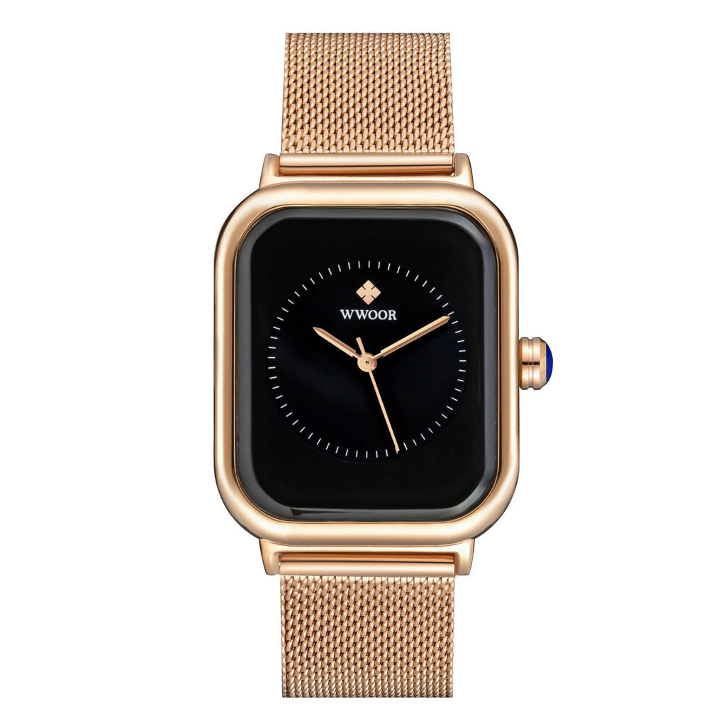 Minimalistische Uhr mit schwarzem Zifferblatt und Mesharmband in Roségold.