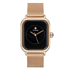 Minimalistische Uhr mit schwarzem Zifferblatt und Mesharmband in Roségold.