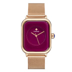Rechteckige Uhr mit violettem Zifferblatt und feinem Mesharmband in Roségold.