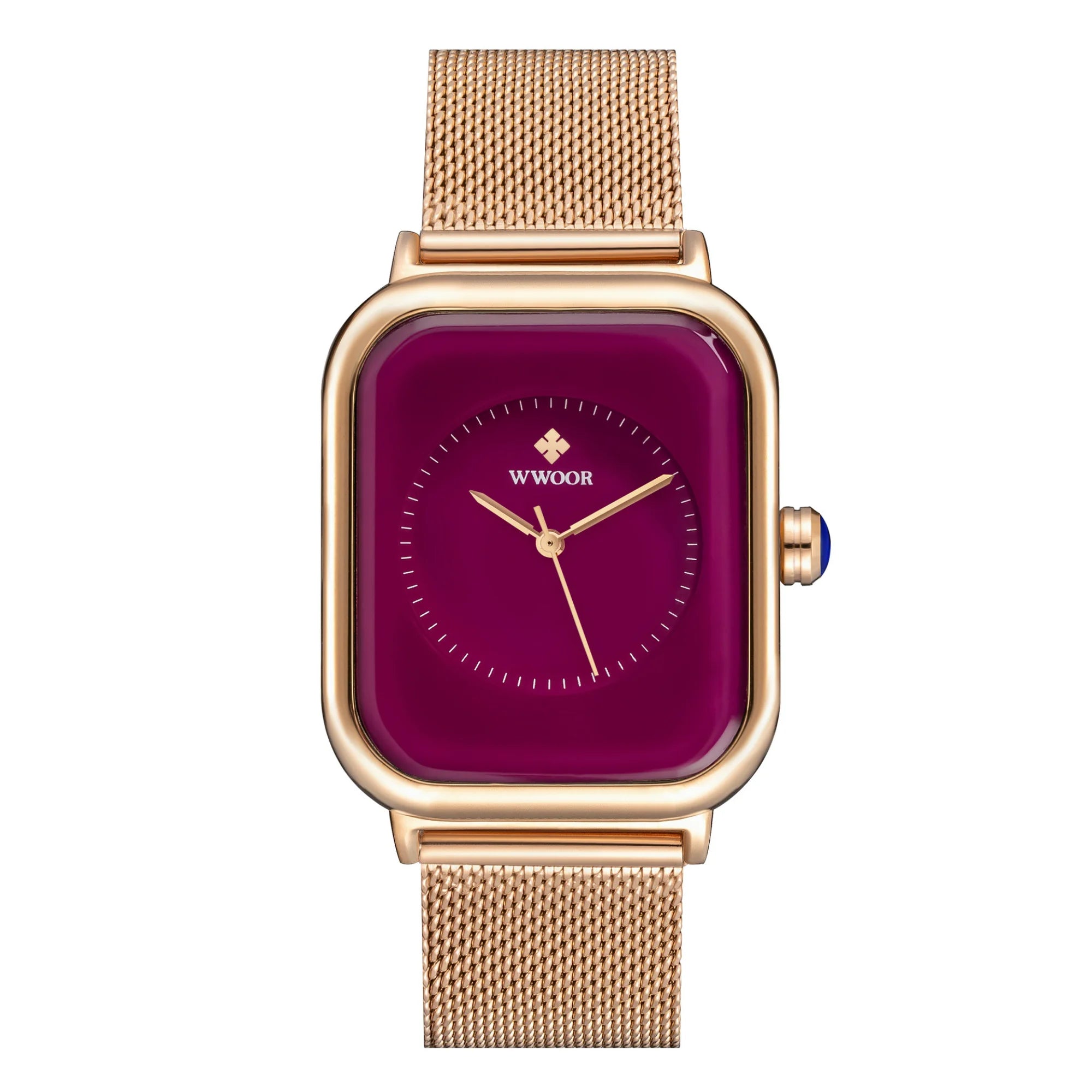 Rechteckige Uhr mit violettem Zifferblatt und feinem Mesharmband in Roségold.