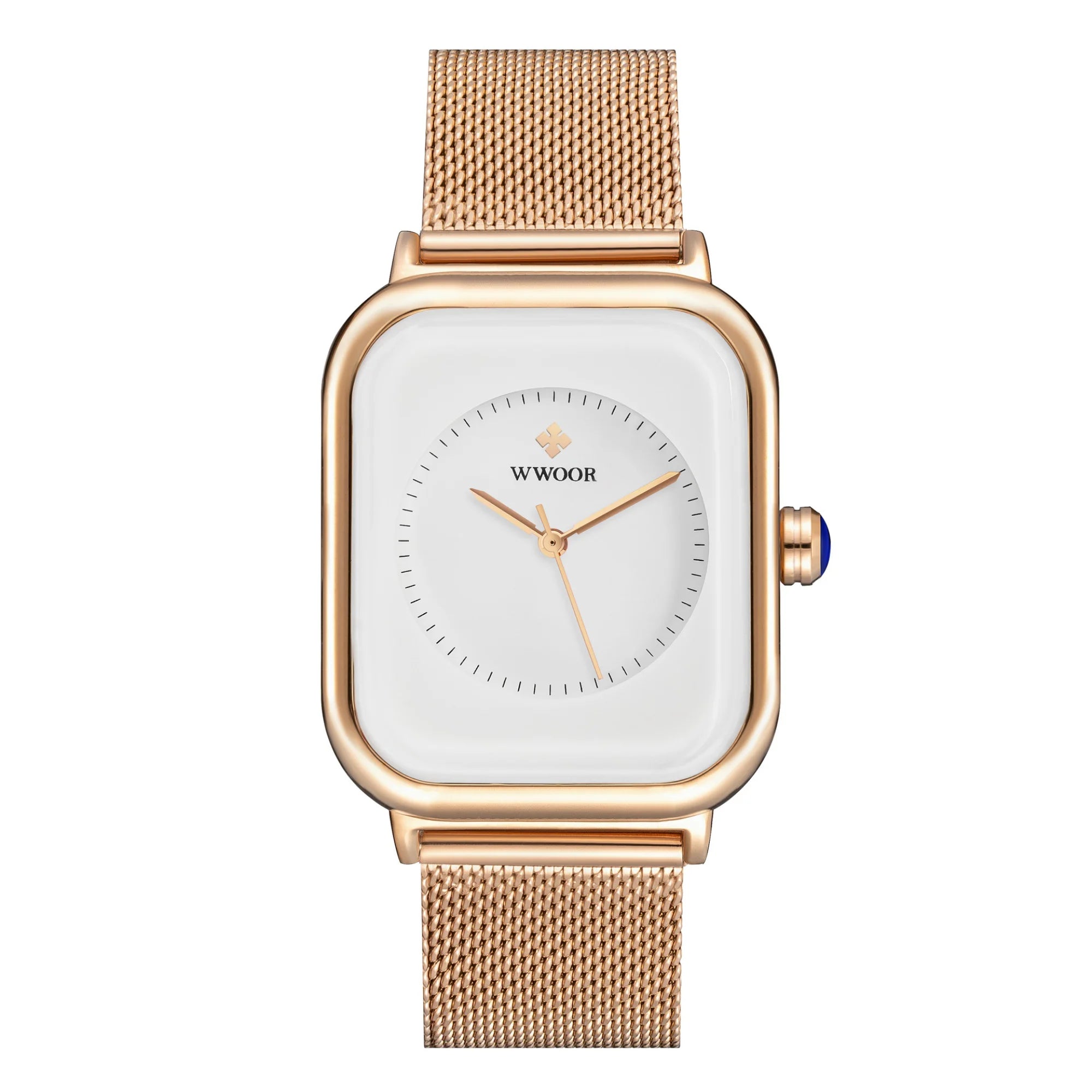 Dezente Uhr mit weißem Zifferblatt und roségoldenem Meshband in eckigem Gehäuse.