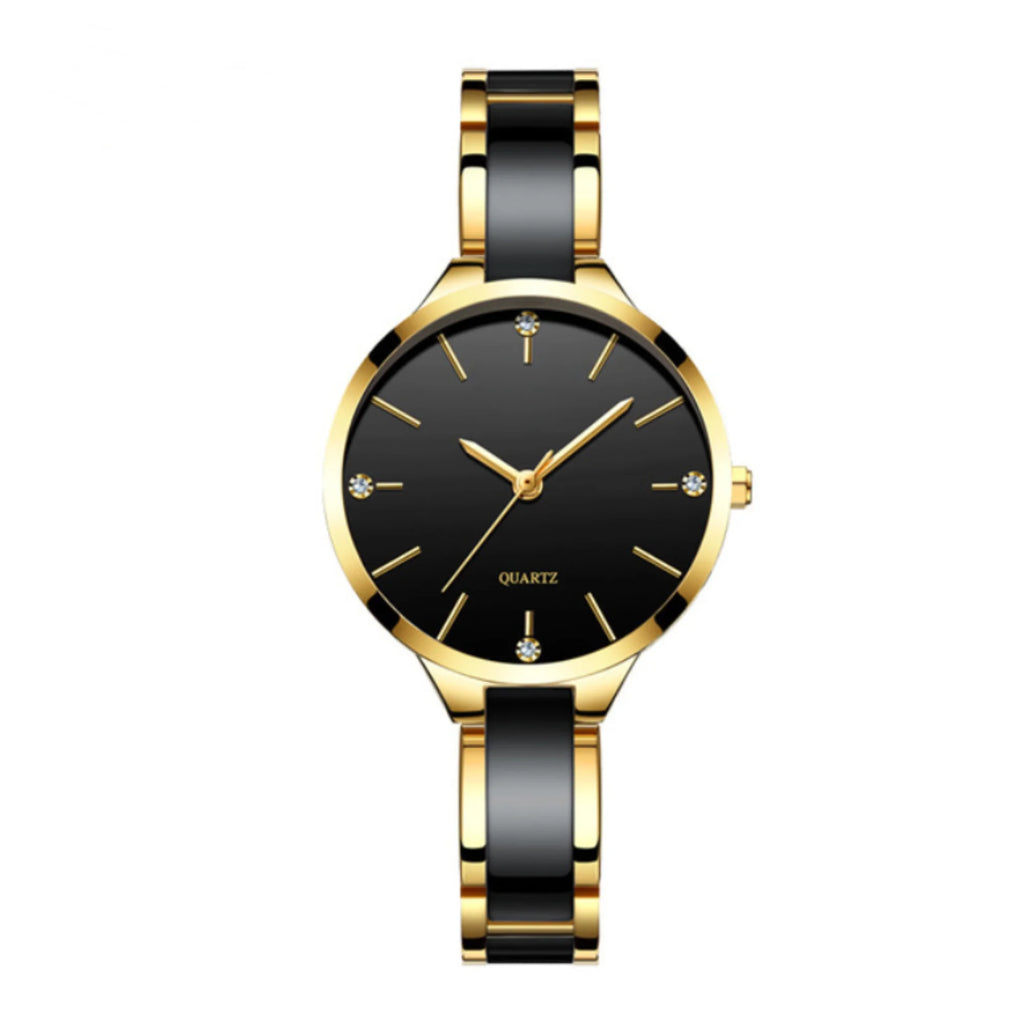 Runde Uhr mit schwarzem Zifferblatt und goldfarbenem Gliederarmband