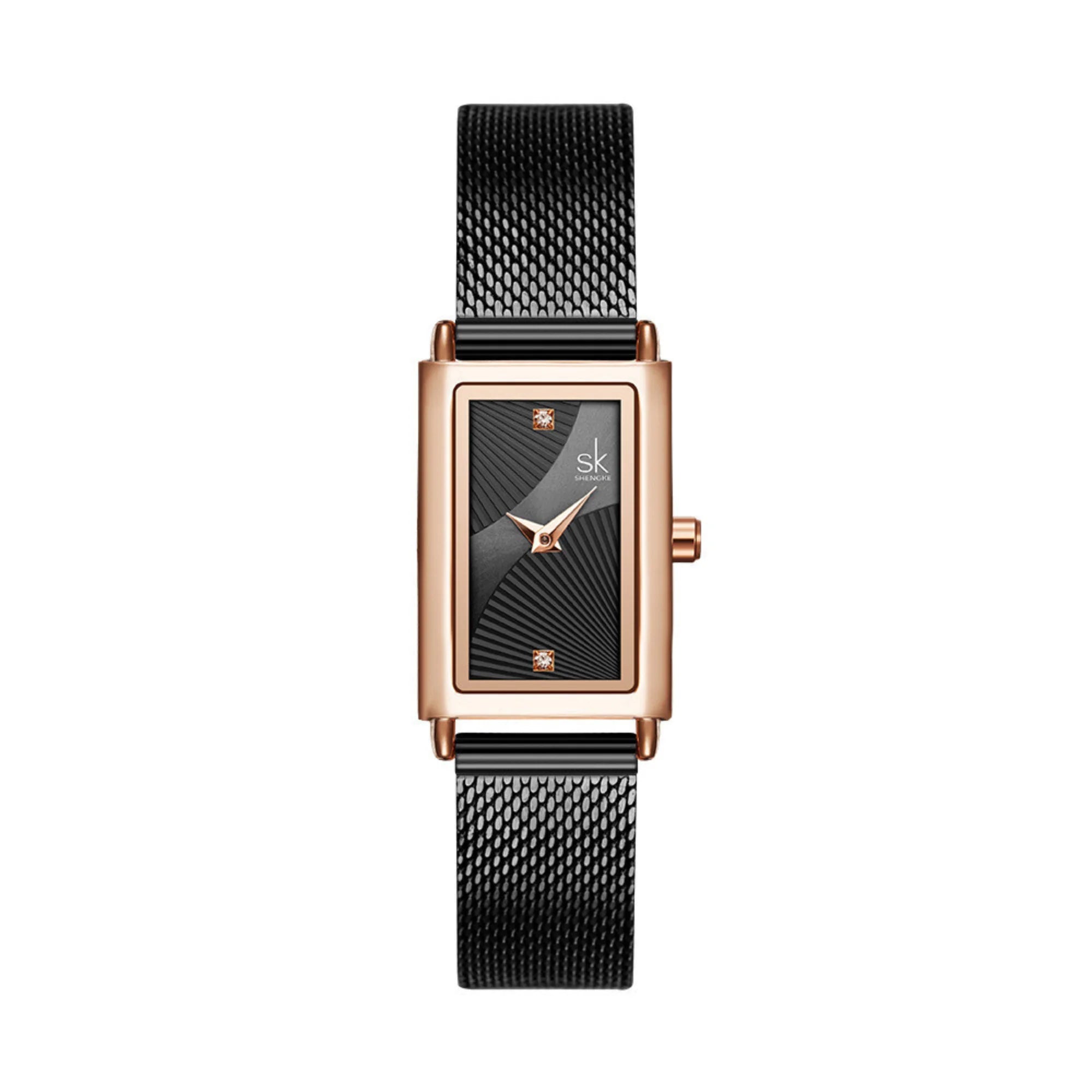 Rechteckige Uhr mit schwarzem Band und roségoldenem Gehäuse, reduzierter Look