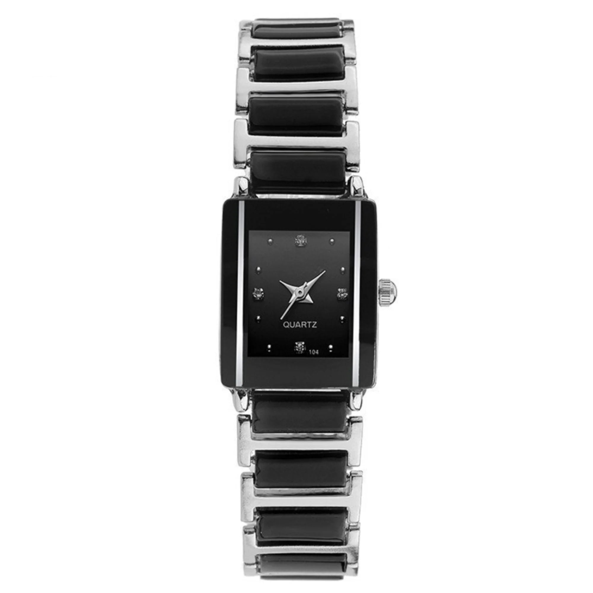 Gliederuhr in Schwarz und Silber mit rechteckigem Zifferblatt und klarer Kante
