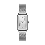 Rechteckige Uhr in Silber mit feinem Metallarmband und symmetrischem Zifferblatt