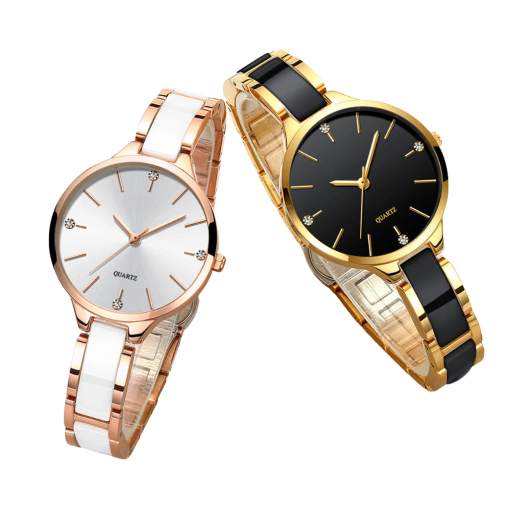 Zwei Uhren mit Gliederarmband – eine in Schwarz-Gold, eine in Weiss-Roségold