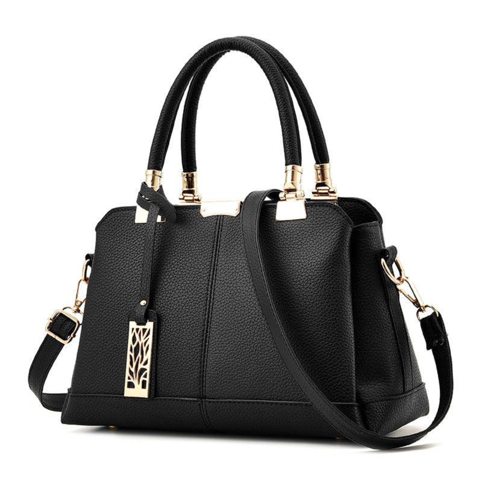 Schwarze PU-Tasche im Kompaktformat – glatte Linien, goldene Details, ideal für City oder Business