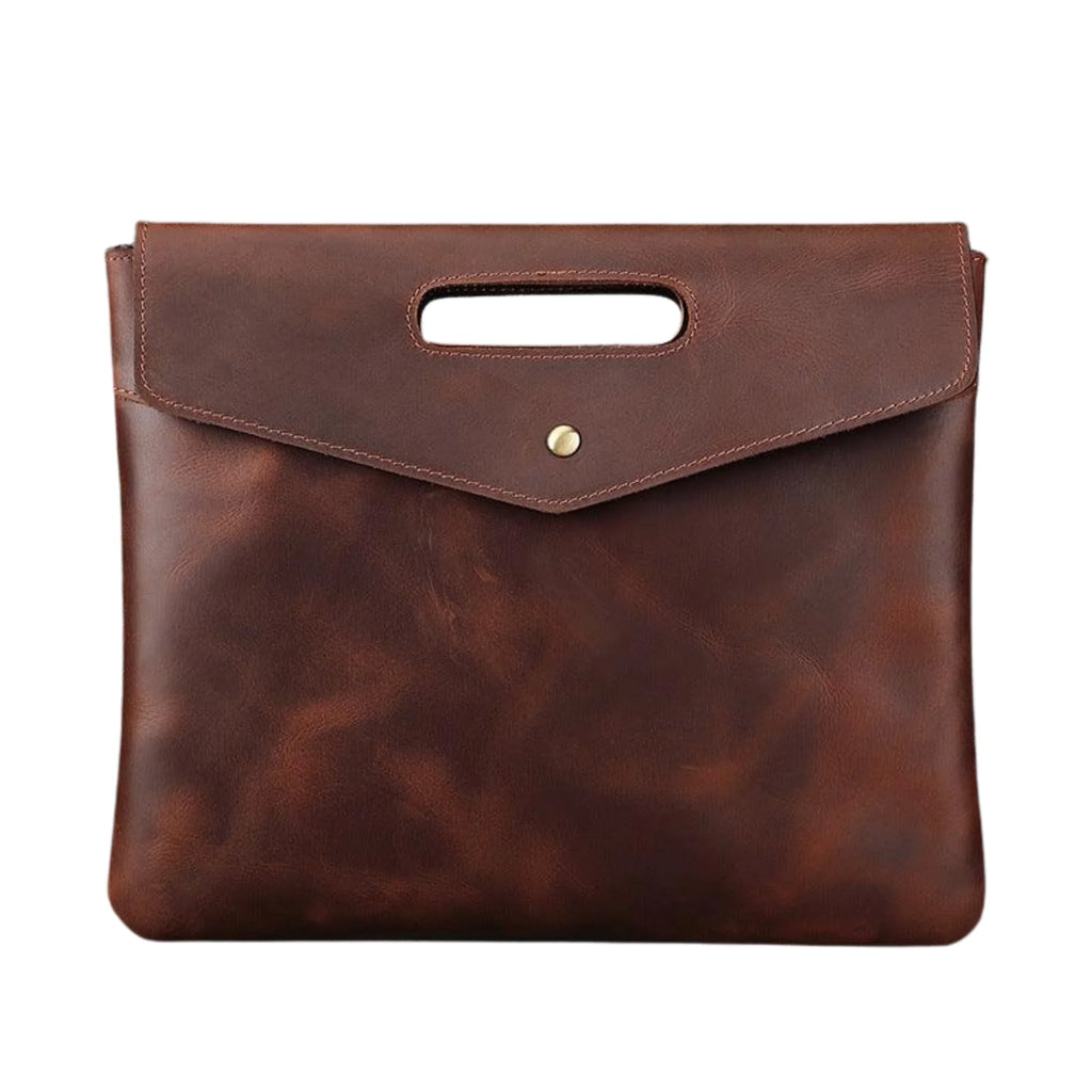 Aktentasche in rust brown aus Leder mit integriertem Griff und Druckknopf-Verschluss
