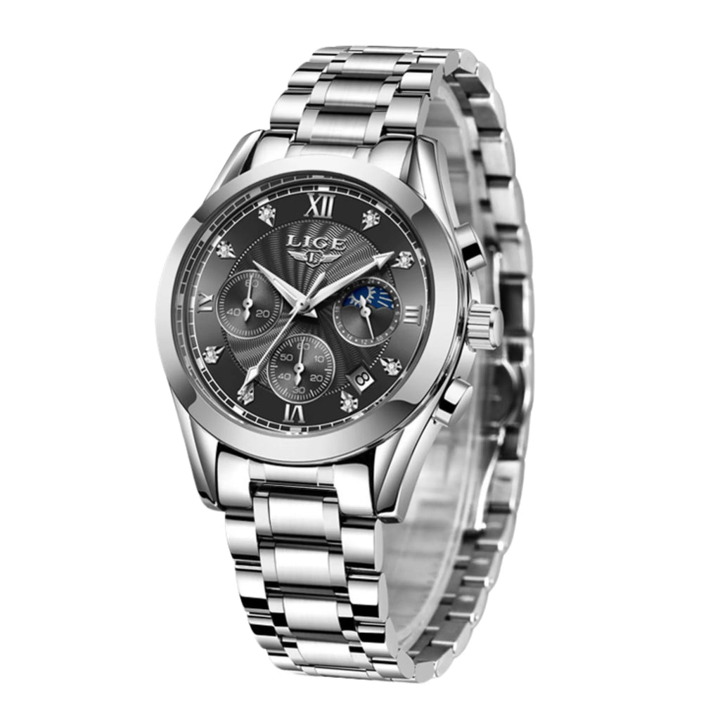 Unisexuhr aus Edelstahl mit schwarzem Zifferblatt und römischen Zahlen – frontal