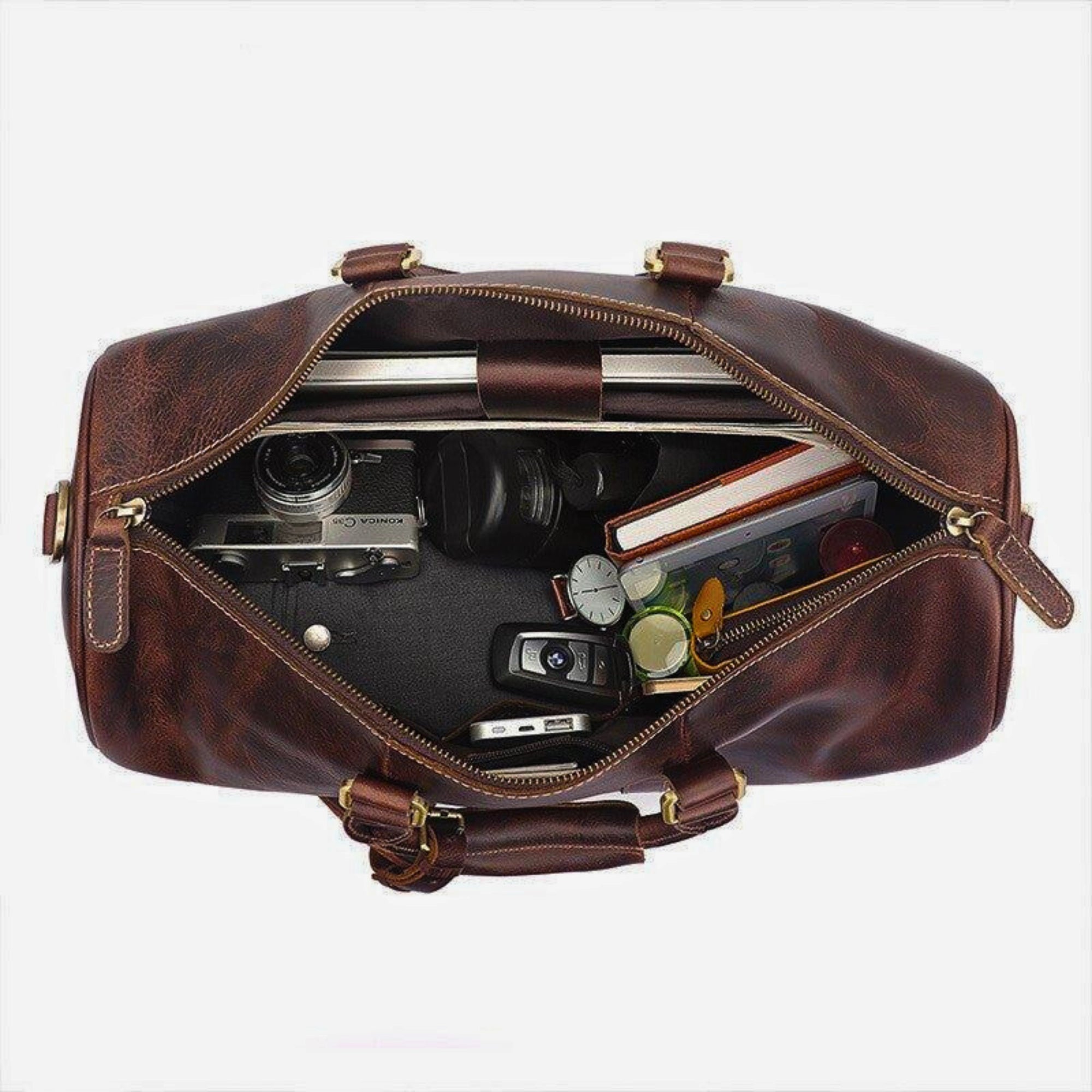 leder weekender 51 cm – draufsicht geöffnet cognac