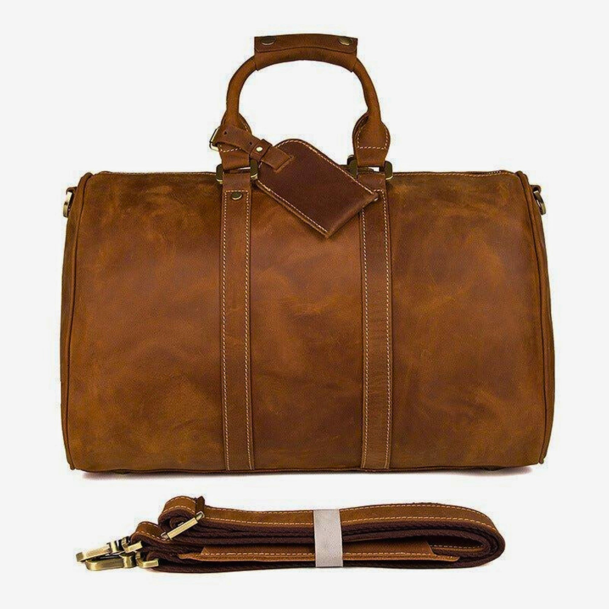 leder weekender cognac 51 cm – frontansicht mit gurt