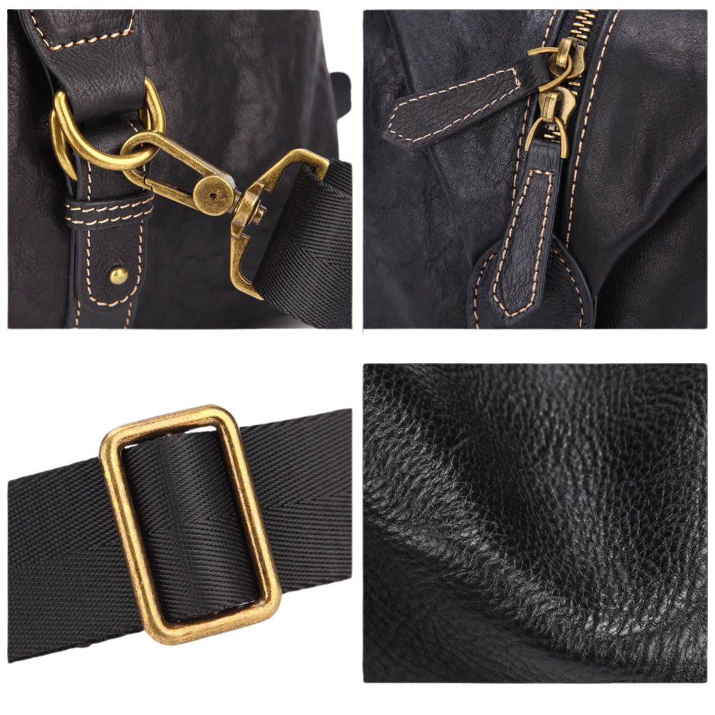 leder weekender schwarz 47 cm – detailaufnahmen schnalle und lederstruktur