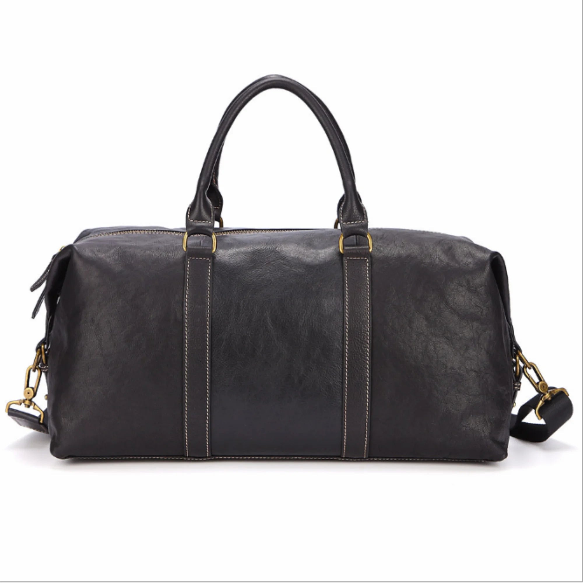 leder weekender schwarz 47 cm – frontansicht mit gurt