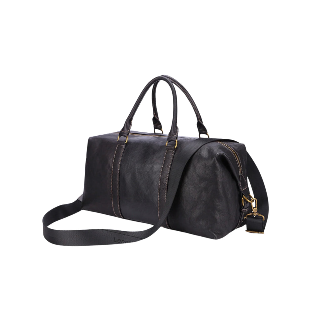 leder weekender schwarz 47 cm – seitenansicht mit schultergurt