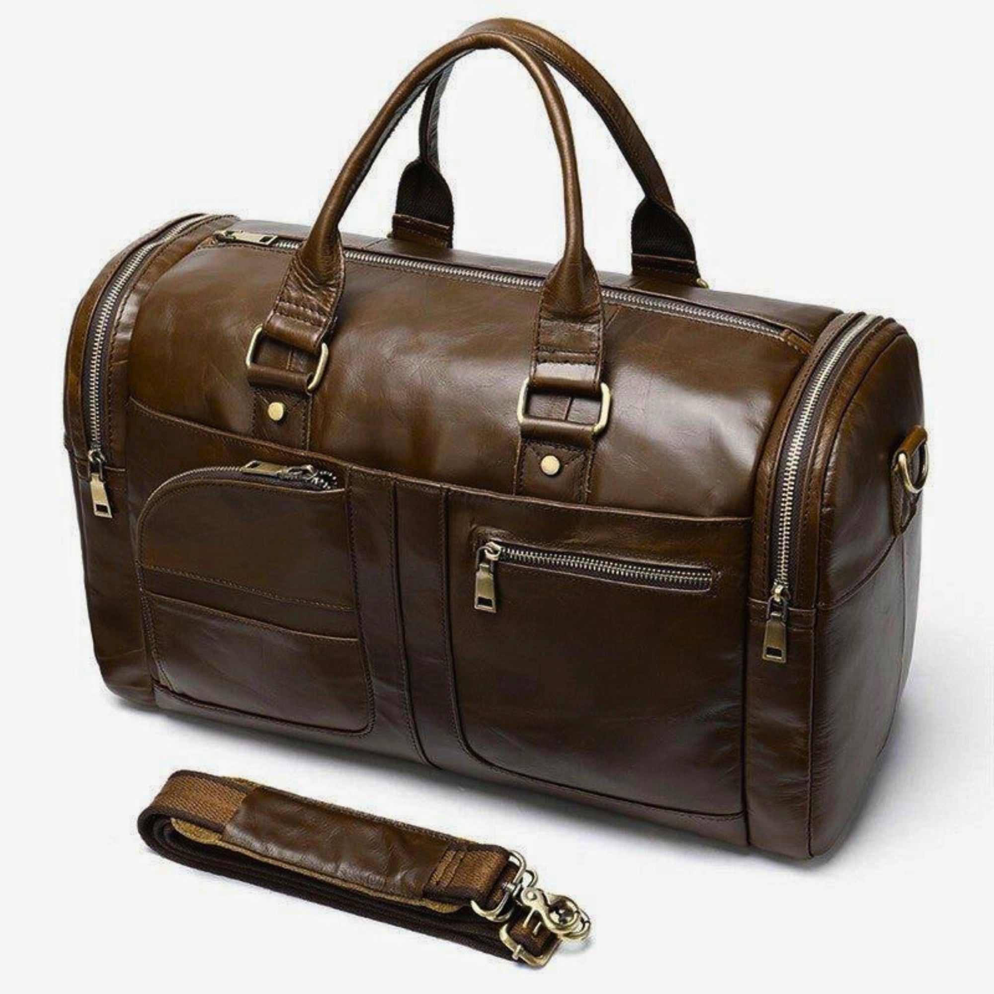leder weekender 50 cm dunkelbraun – frontansicht mit gurt