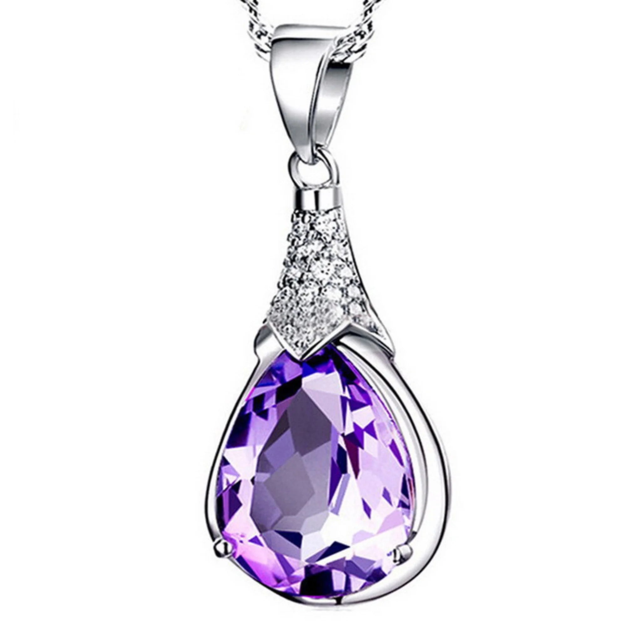 Zirkonia Tropfenkette in Violett – gefasst in silberfarbener Legierung mit klarer Tropfenform