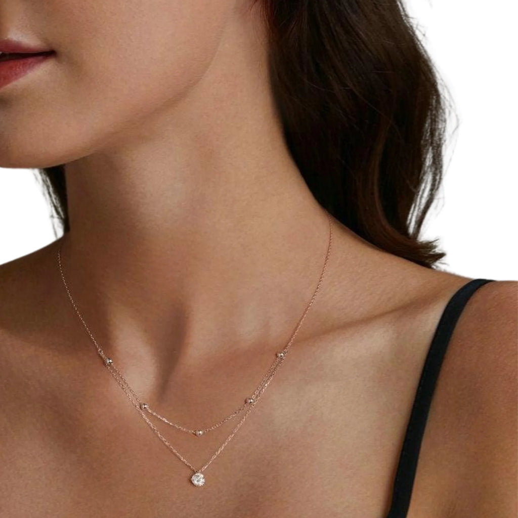 925 Silberkette mit Zirkonia und Kugelstruktur – zweilagig, filigran und verstellbar