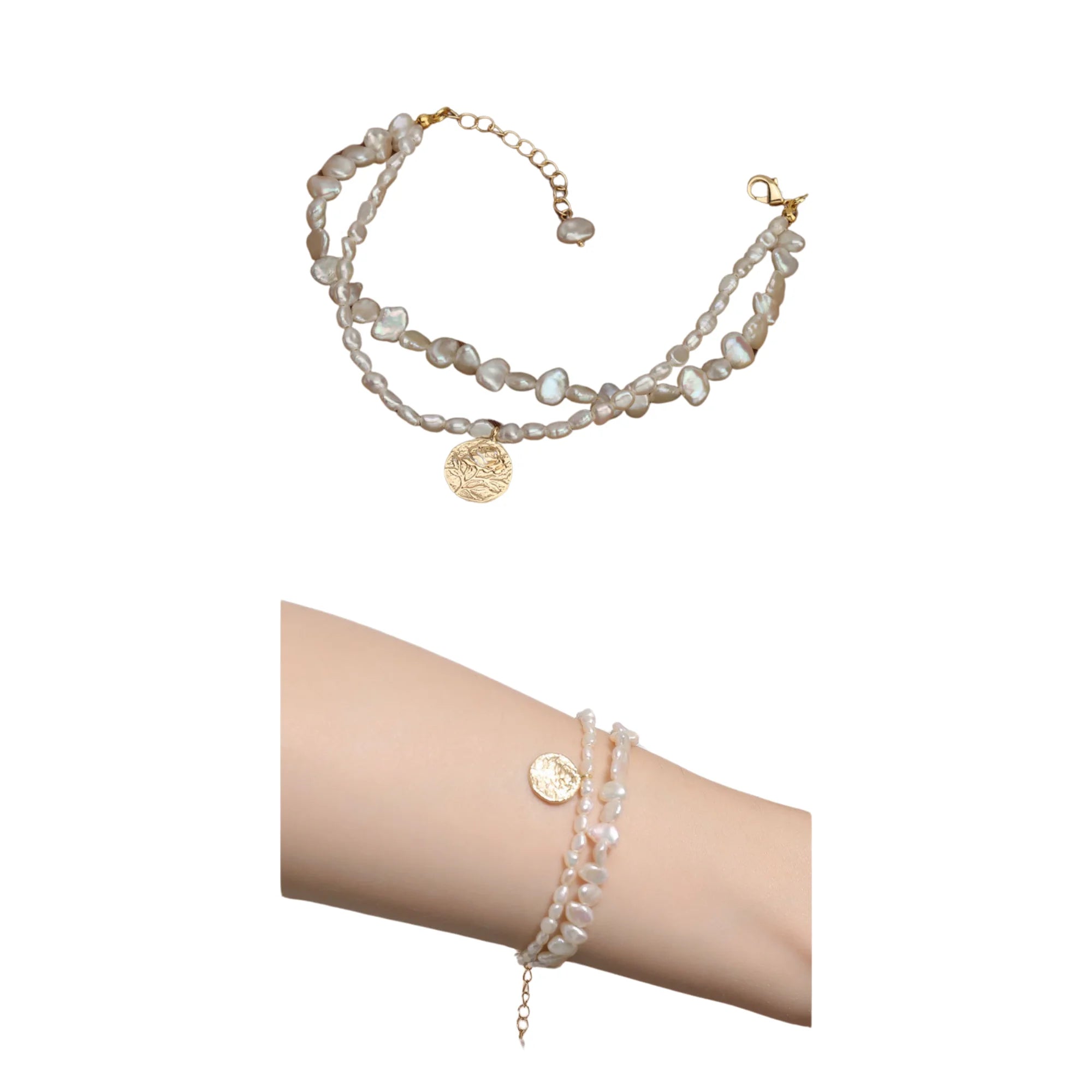 Zweireihiges Armband mit unregelmässigen Süsswasserperlen und geprägtem Gold-Coin-Anhänger